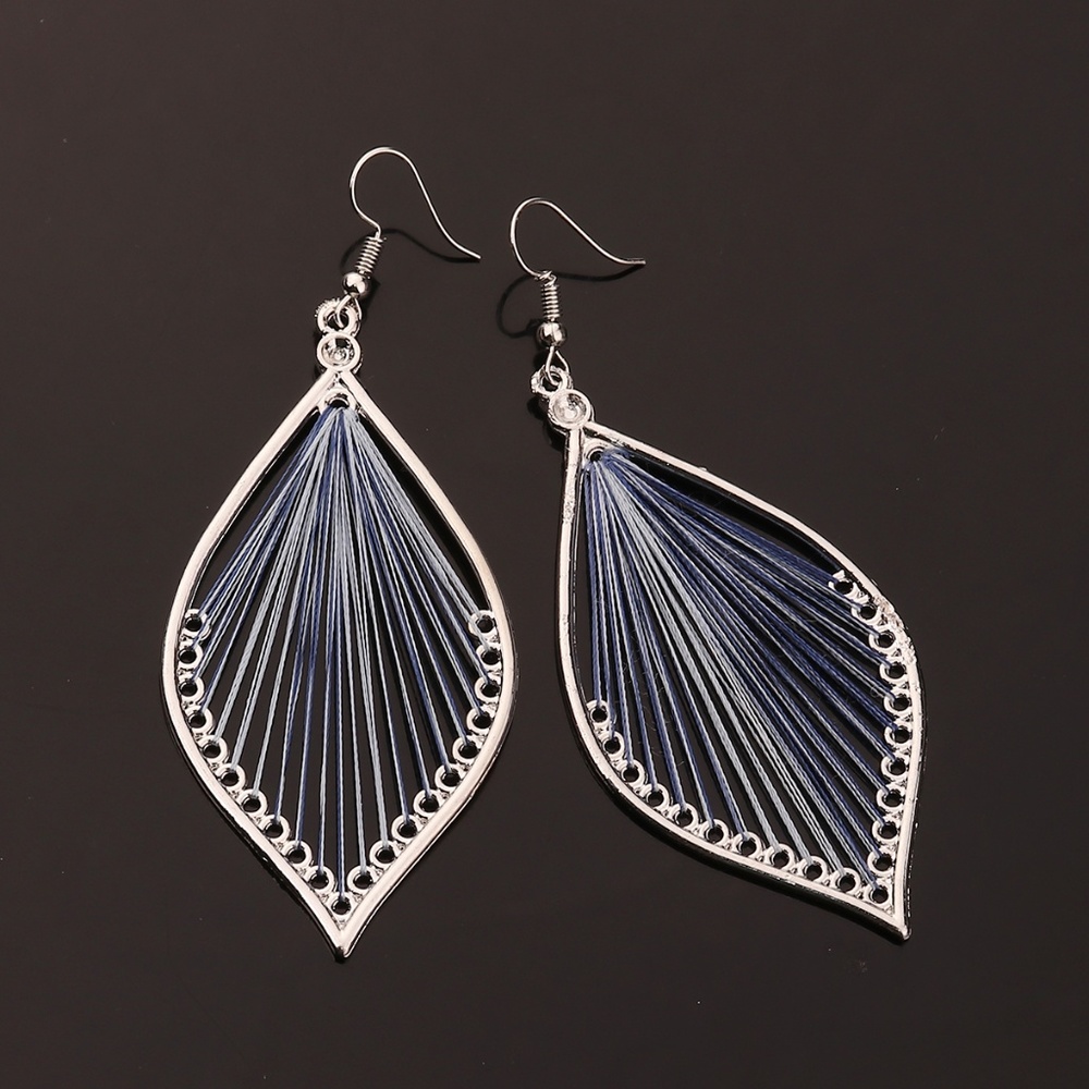 Boho Chic Thread Strung Blue Tone Leaf Earrings - Picture 5 of 6